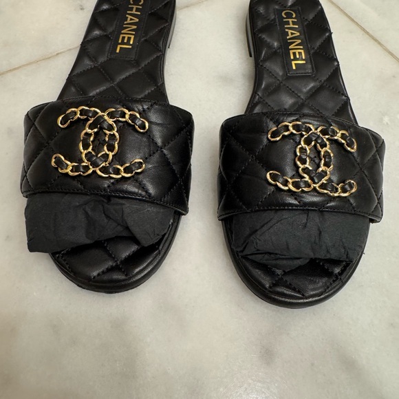 CHANEL Black Quilted Slide Sandals with Gold Accent - Picture 3 of 4
